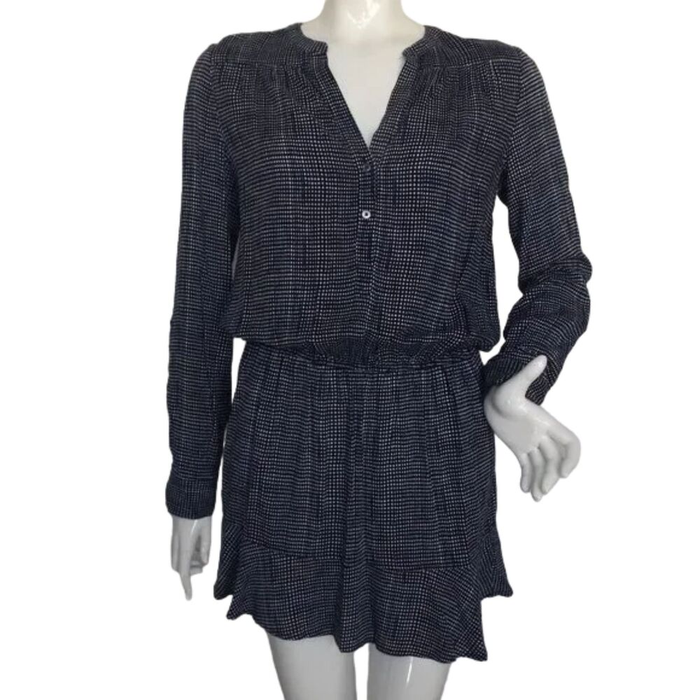 JOIE Mini Dress, S, Acey, Blue/White Diamonds, Long Tab Sleeves, Single ruffle
